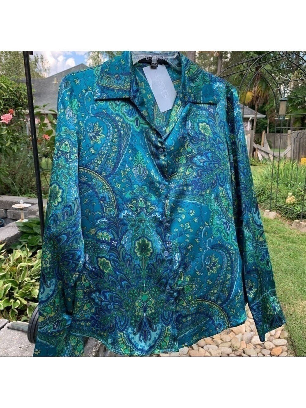 KASPER Jewel Tone Paisley Long Sleeve Blouse Large